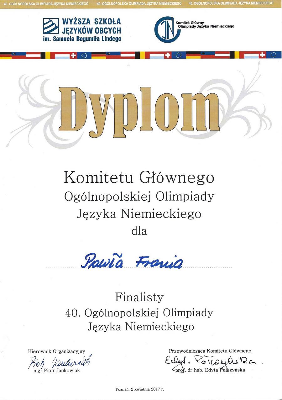 olimpiada niemiecki fronia dyplom