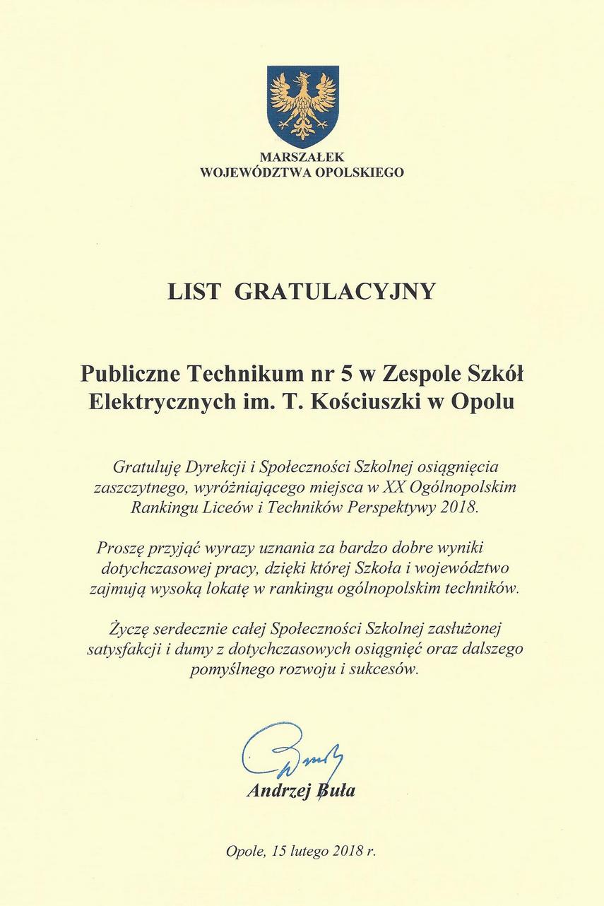 List gratulacyjny marszałka